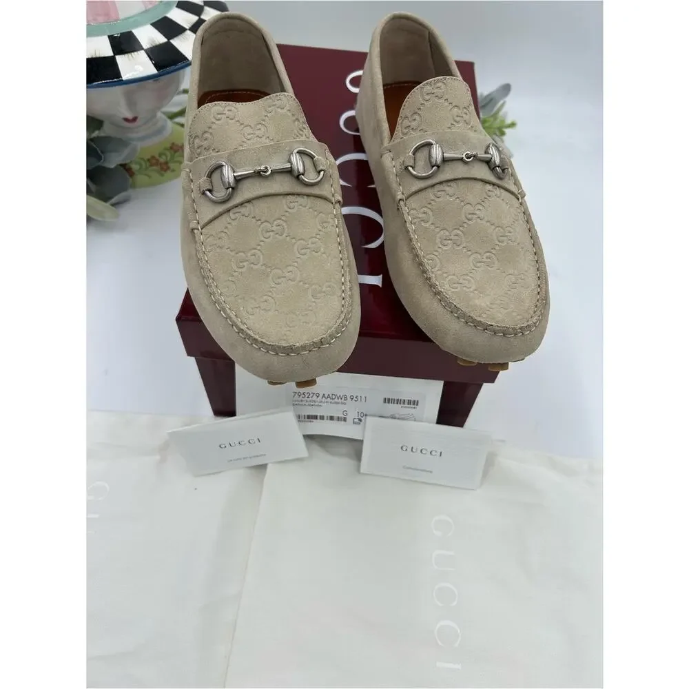 Men's Gucci suede oatmeal horse bit driver loafers size 10.5 fits 11 US